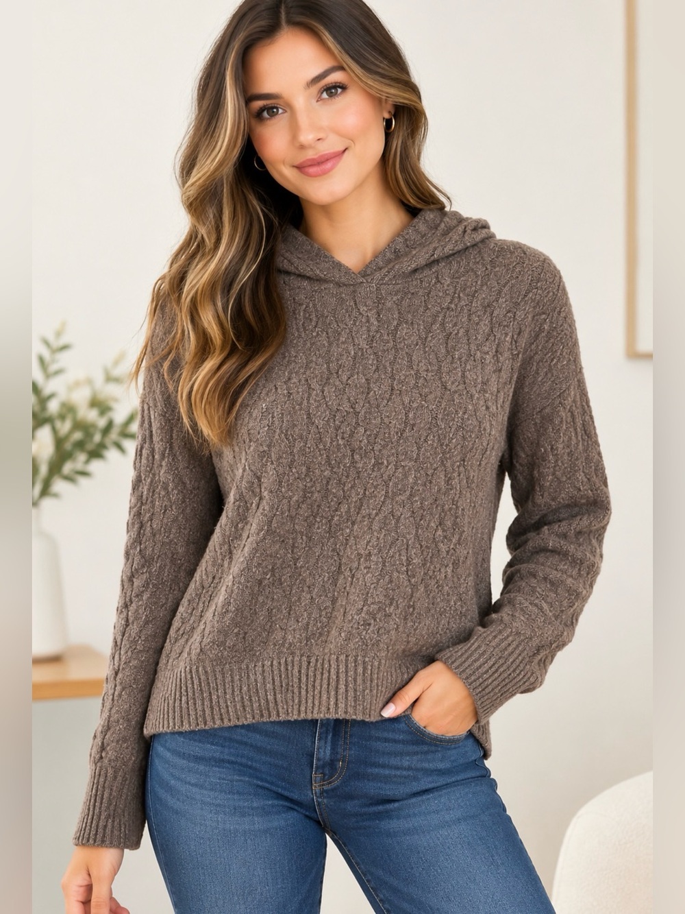 Auden women Cable-Knit Hooded Sweater in Taupe Brown S